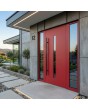 Red exterior aluminium door with left and right glass panel