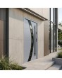 Silver single external metal door with black frame around glass