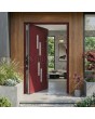 red aluminum pivot front door with four windows