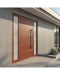 Red residential entrance door with left and right glass panel