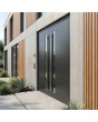Black aluminium double hinged front door with vertical glass