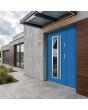 Blue home front entry door with side panel