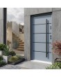 Grey minimalist steel front door for modern home with black stripes