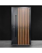 Black aluminium exterior door with vertical slats made of aluminium profiles