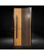 Golden oak aluminium front  door with black vertical slats made of aluminium profiles