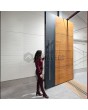 aluminium pivot front door with golden oak wooden decor