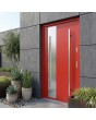 red  single steel front door with glass