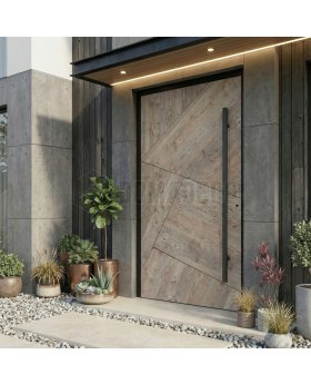 Aluminium entry door covered Fir Platinum HPL wood imitation