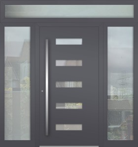 Aluminium LIM hinged front door with left, right and top glass panel