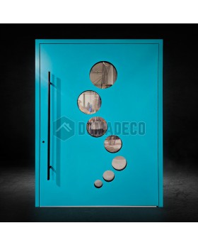 Turquoise aluminum pivot door with with circular windows