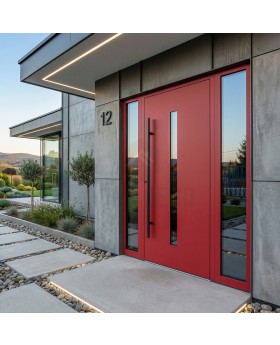 Red exterior aluminium door with left and right glass panel
