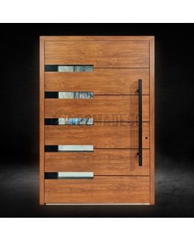 Golden oak aluminium single pivot door