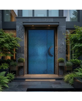 Aluminum hinged door covered with blue stainless steel sheet