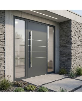 Anthracite strong aluminium entry door with left and right glass panel