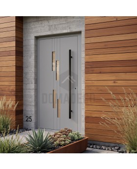 Grey modern aluminium entrance door with vertical windows