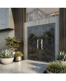 Black aluminium double door covered with Calacatta Black sintered quartz