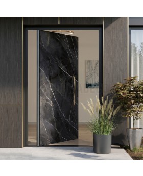 Aluminium pivot door covered with Calacatta Black sintered quartz