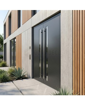 Black aluminium double hinged front door with vertical glass