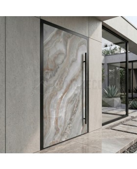 Aluminium hinged door covered with grigio sintered quartz