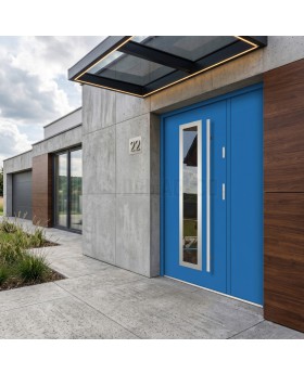 Blue home front entry door with side panel