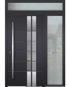 Aluminium LIM hinged door with right and top glass panel (view from the outside) 