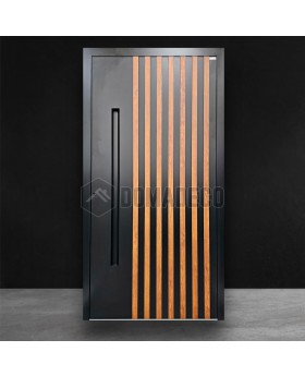 Black aluminium exterior door with vertical slats made of aluminium profiles