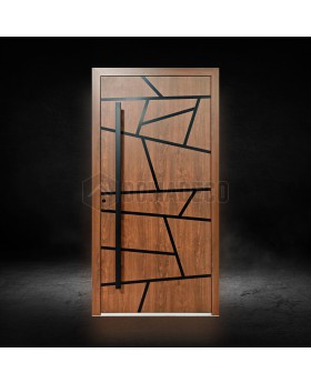 Golden oak modern aluminium front door with black stripes