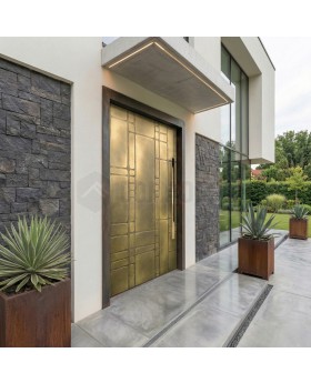 Aluminium hinged entry door with yellow brass texture of milled metal