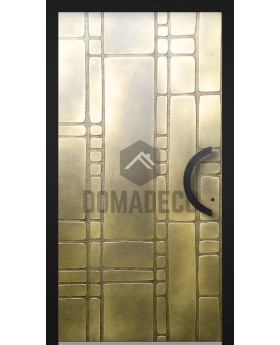 Aluminium hinged entry door with yellow brass texture of milled metal