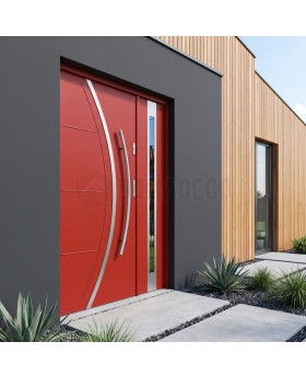 red front door with one side panel