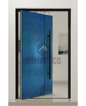 PIVOT B3 - aluminium pivot door covered with blue stainless steel sheet