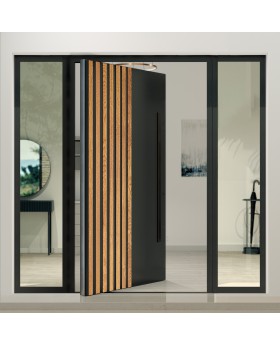 Aluminium Pivot door with left and right sidelight, glass panels