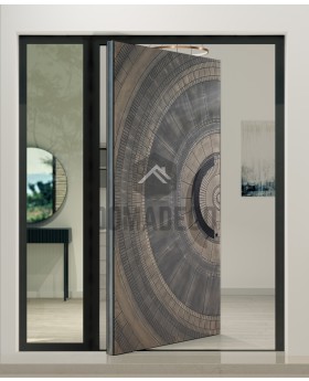 Aluminium Pivot door with left sidelight, glass panel (view from the outside)