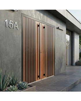 Golden oak aluminium front double door with black vertical slats made of aluminum profiles