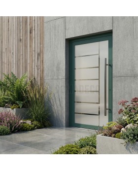 Green external aluminium frosted door with transparent decor