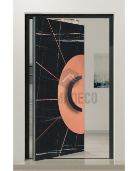 PIVOT Sahara - aluminium pivot door covered with Sahara Noir sintered quartz and copper sheet