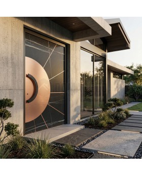 Aluminium pivot door covered with Sahara Noir sintered quartz and copper sheet