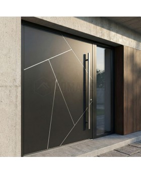 Aluminium Pivot door with right sidelight, glass panel (view from the outside) 