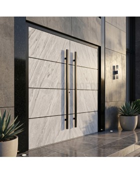 Aluminum double front door covered with white rock stone texture