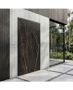 Aluminium hinged door covered with Noir Desir sintered quartz