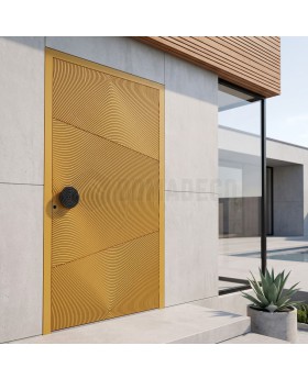 Yellow pivot front door with milled pattern