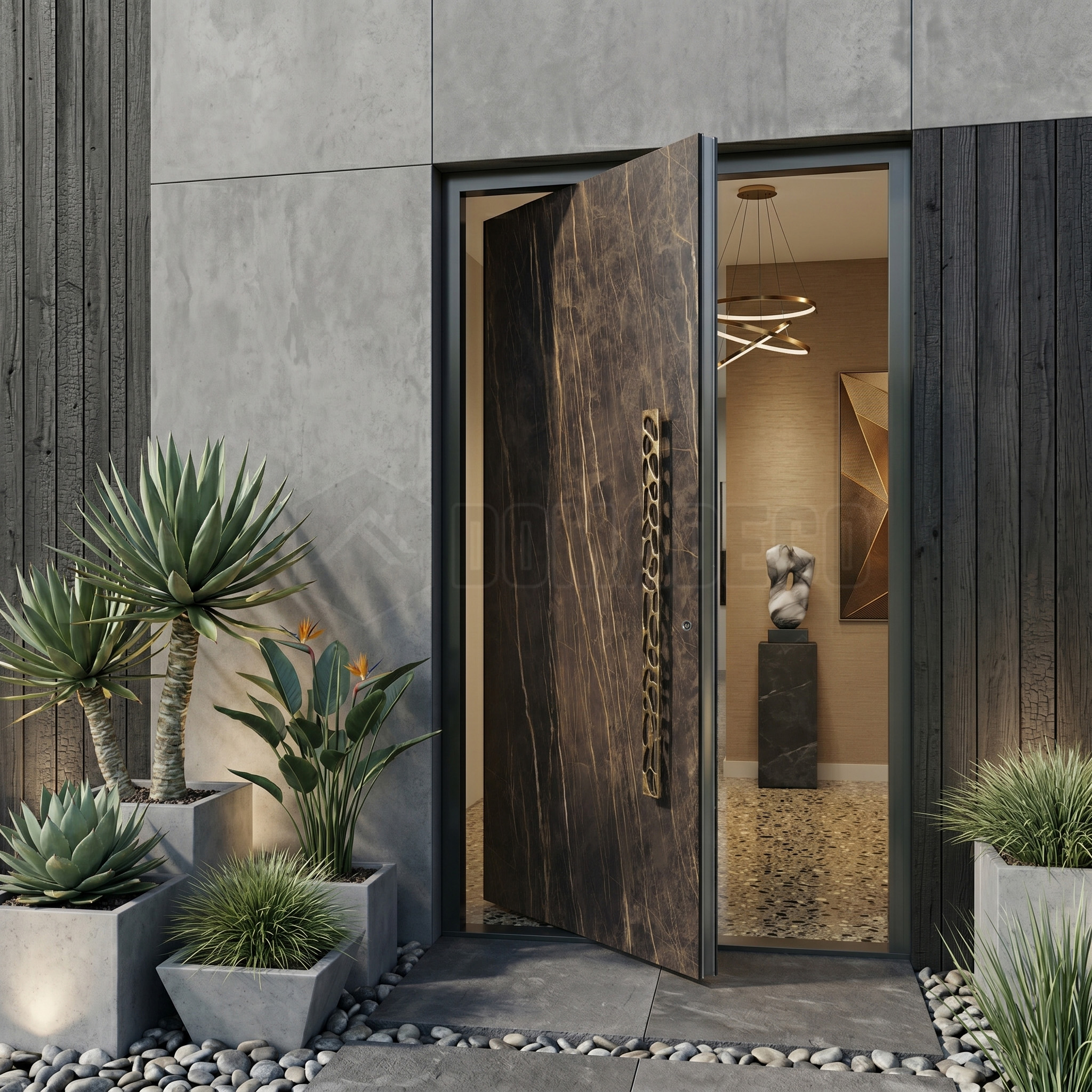 Aluminium pivot door covered with Noir Desir sintered quartz
