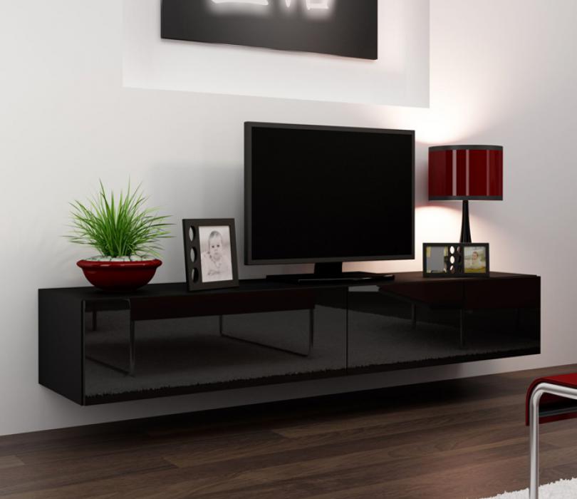 Seattle 23 - Modern TV wall unit with high gloss black MDF fronts